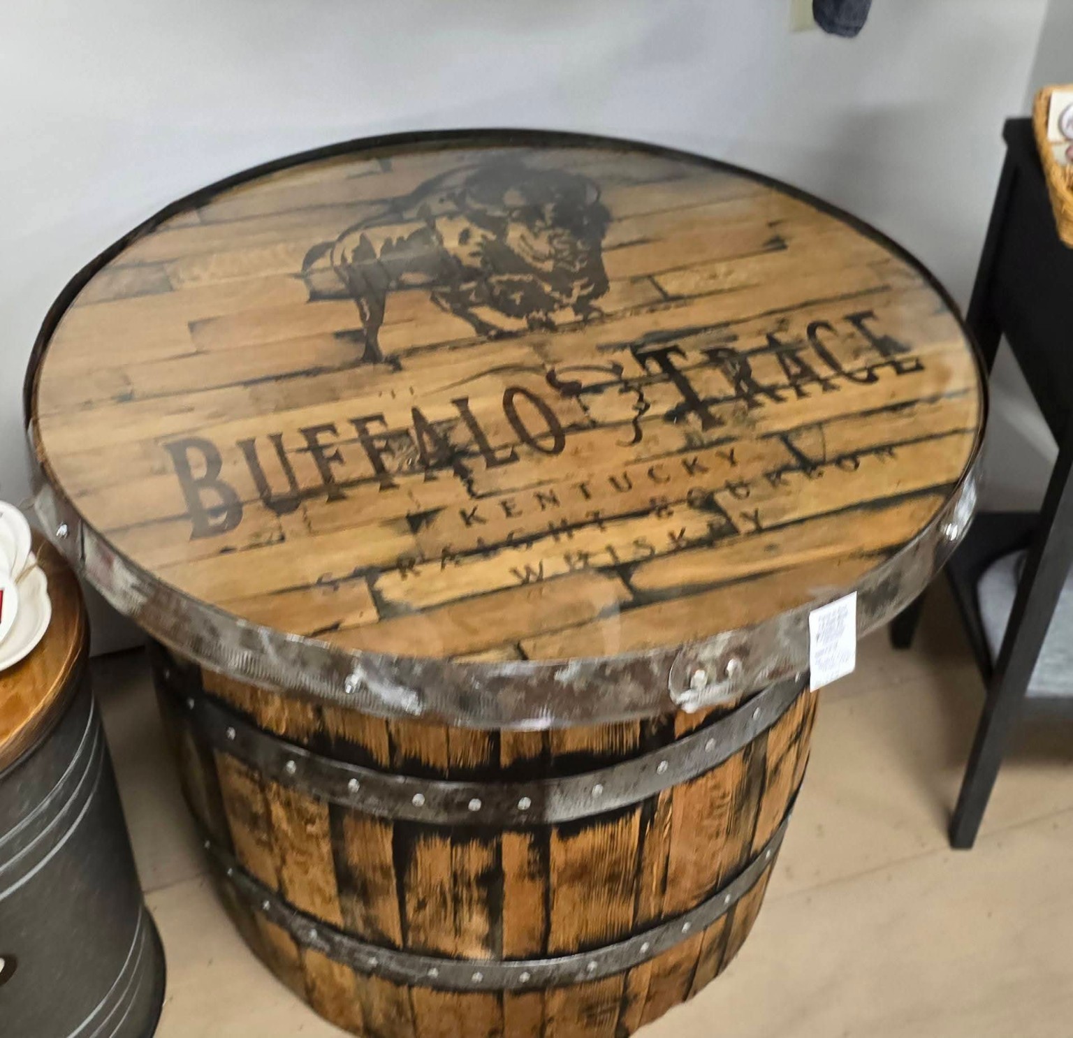 Engraved bourbon barrel table