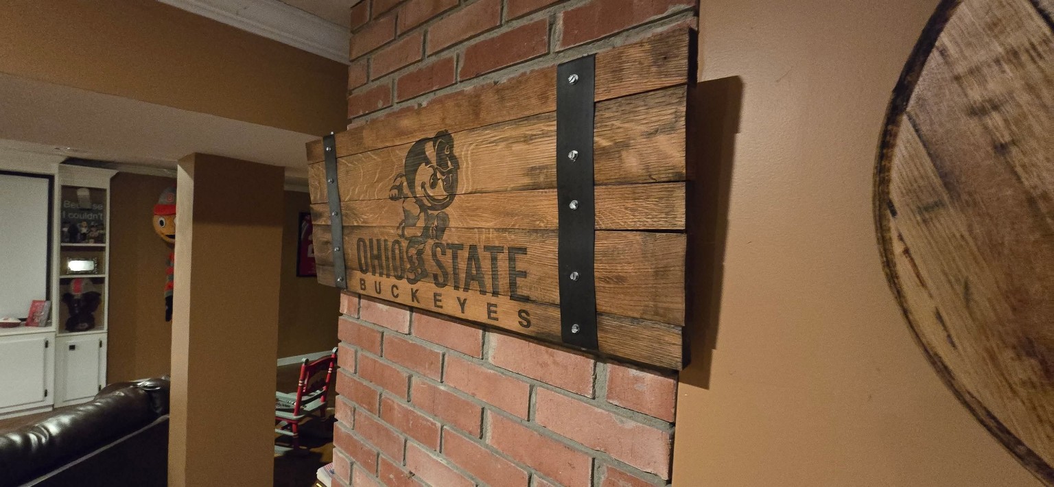 Custom woodwork and barrel decor displayed in a home