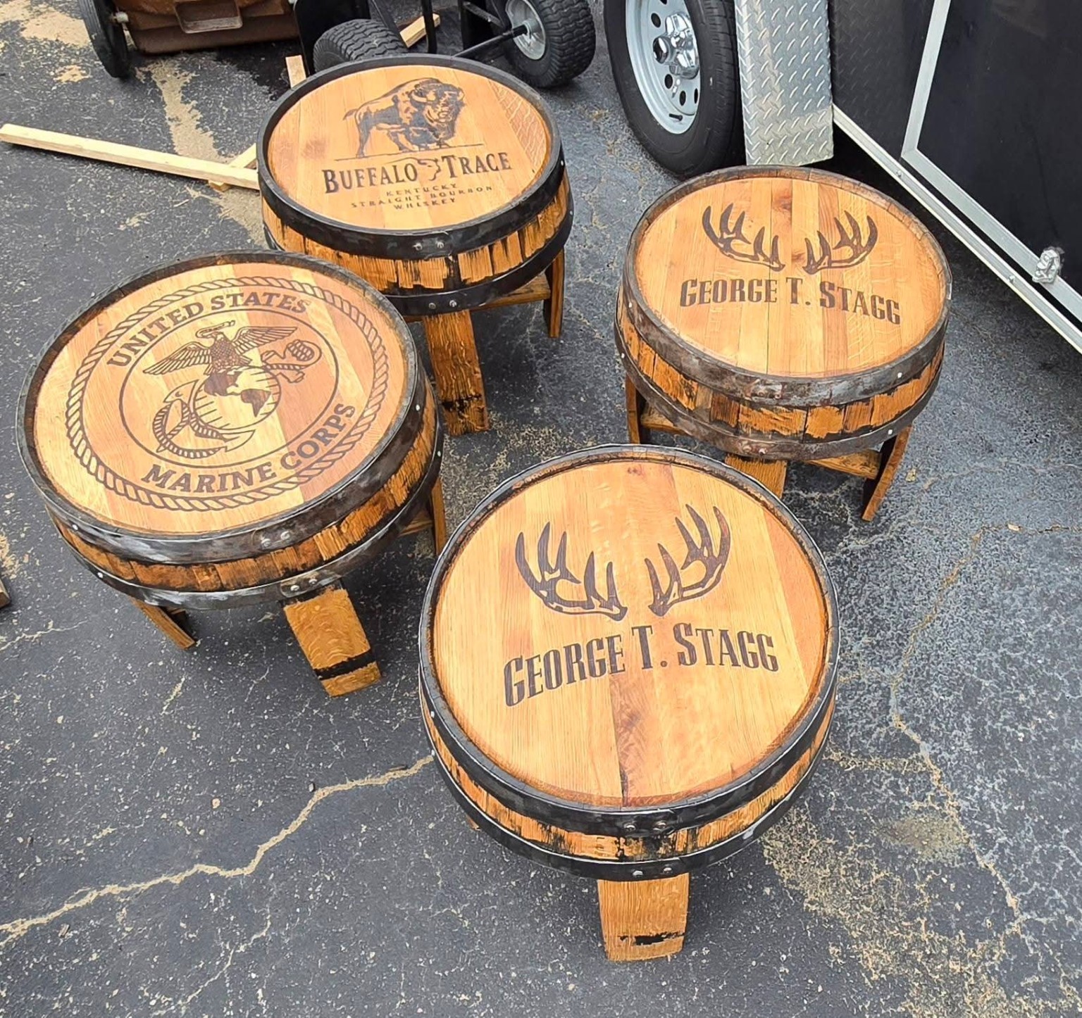 Collection of engraved wood stools