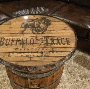 Engraved bourbon barrel tabletop